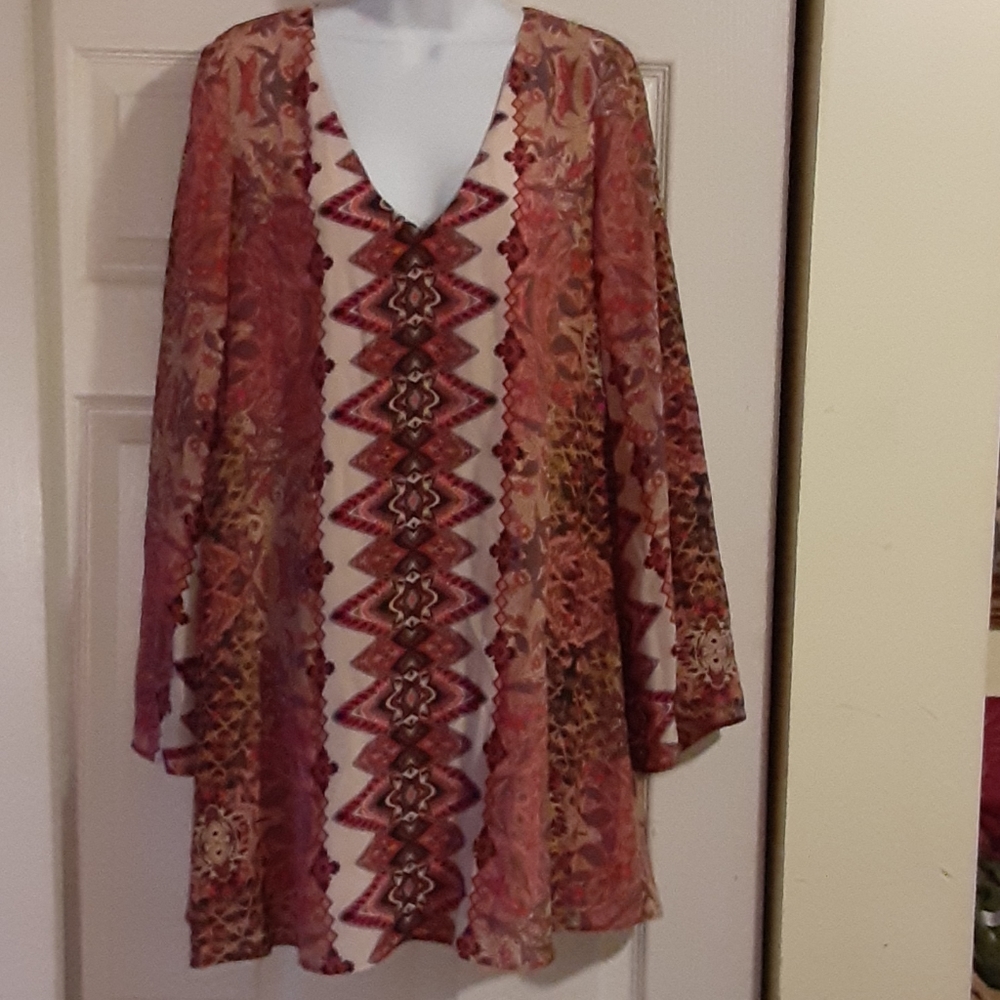 Lavender Brown Silk Boho Mini Dress NWT Size Small V-Neck Flare Sleeve - Picture 2 of 9